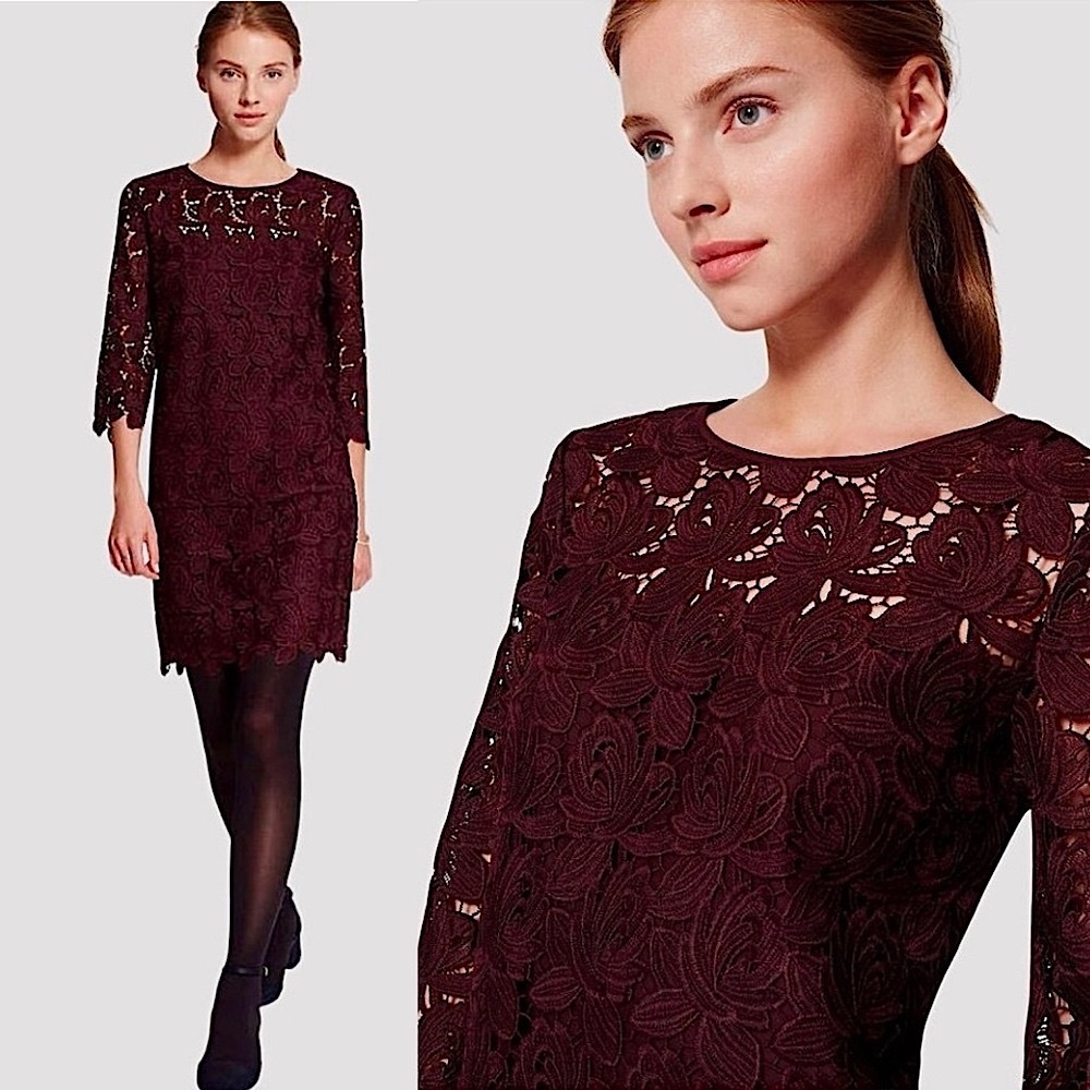 LOFT Soft Fig Wine Red Floral Lace Embroidered Eyelet Scallop Hem Shift Dress